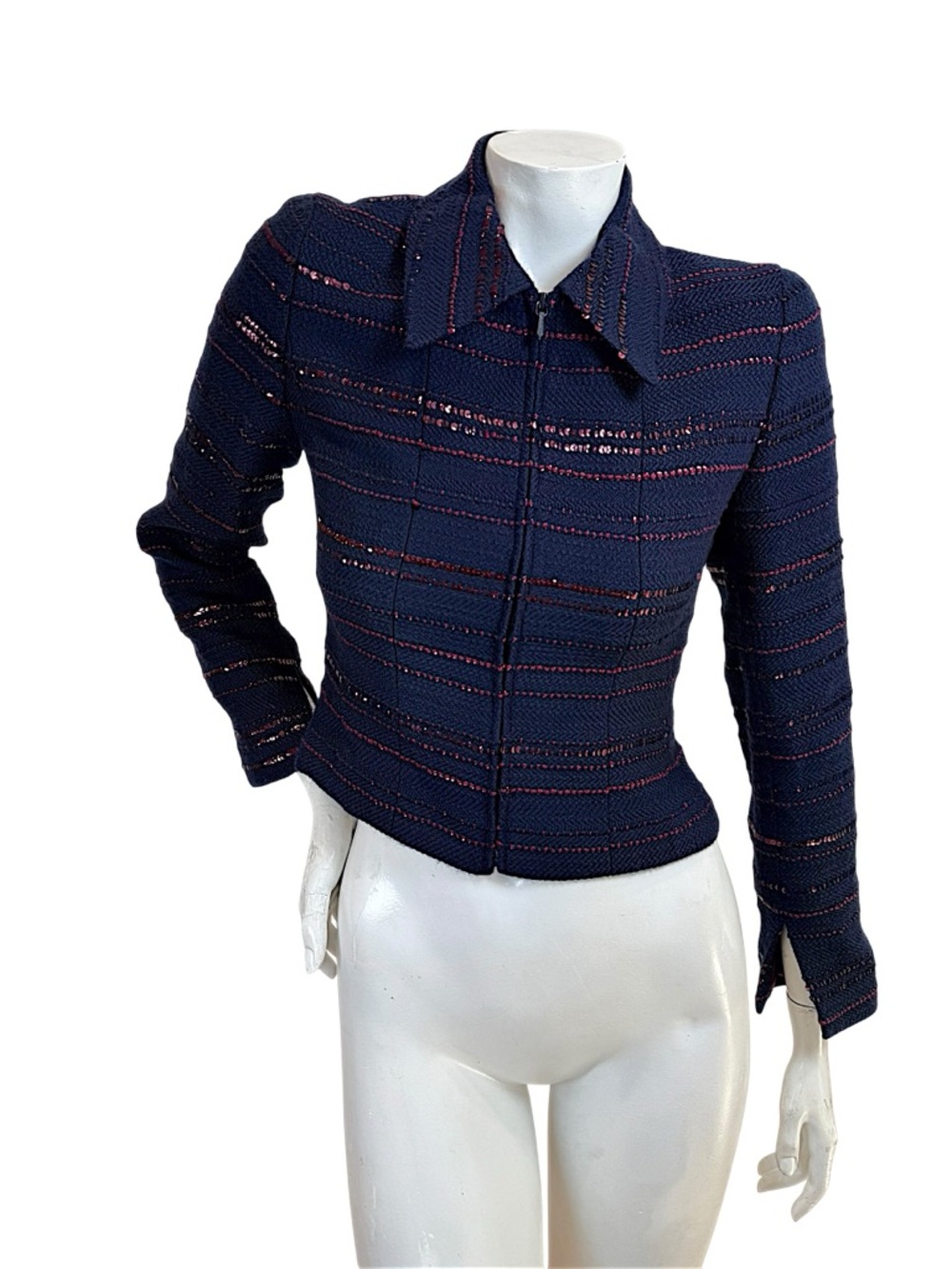 Vintage Chanel Navy Tweed Sequin Zip Jacket FR 36